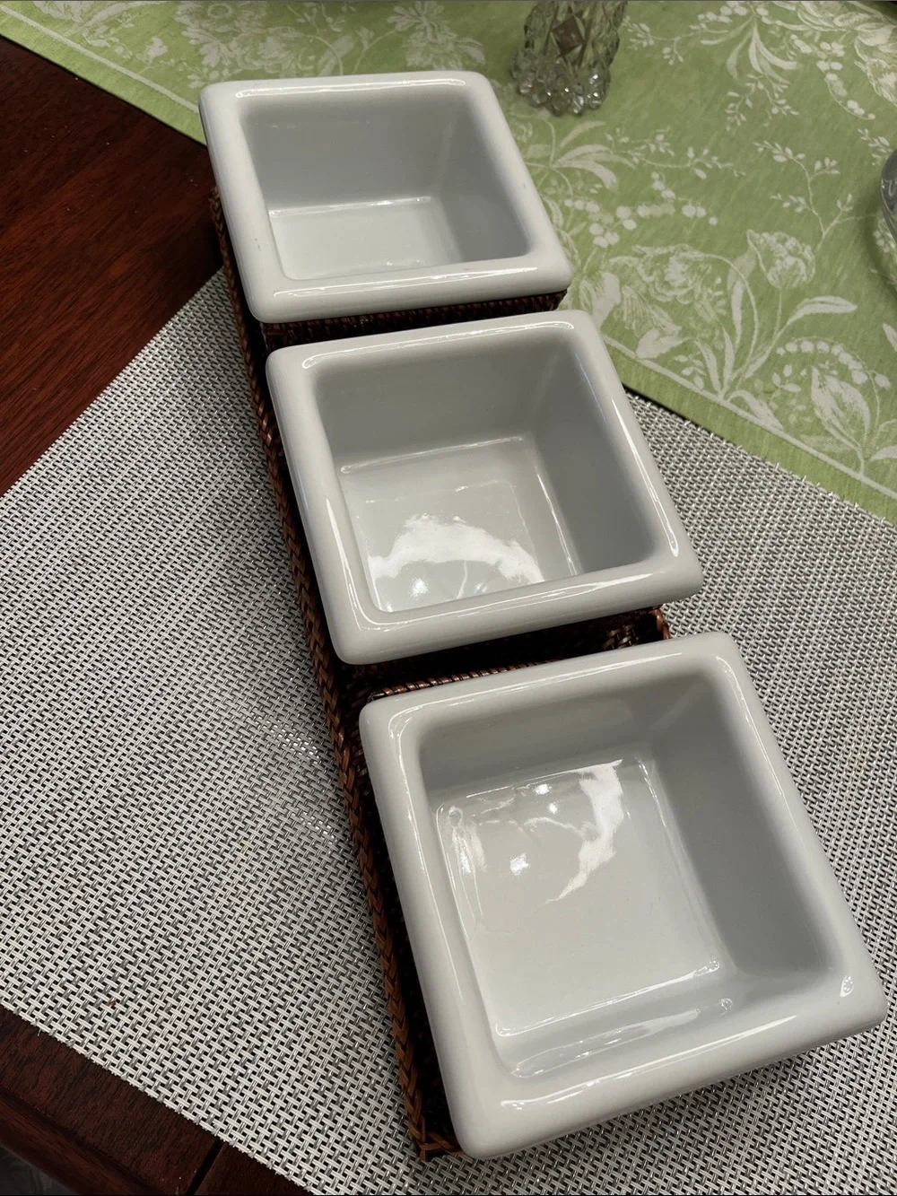 Williams Sonoma White Ceramic Triple Server with Woven Tray